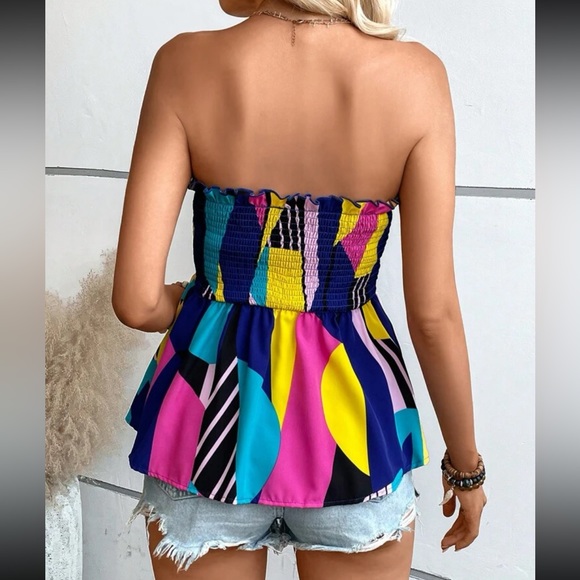 Boho Abstract  Striped Geo Print Frill Knot Front Strapless Top Blouse Shirt - Picture 12 of 12